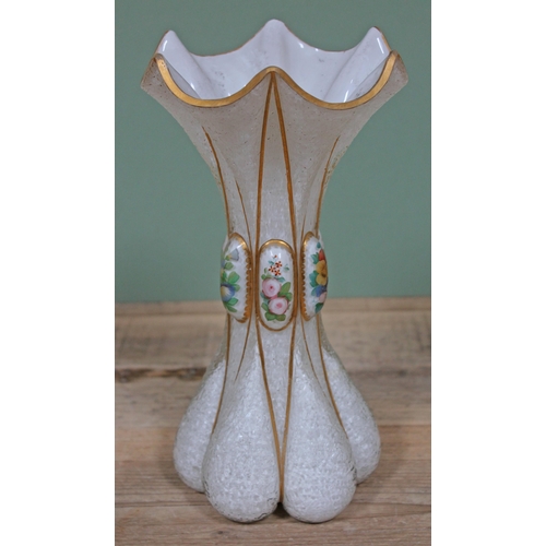 351 - A Bohemian white cased textured glass vase of waisted form with floral decorated cabochons and gilt ... 