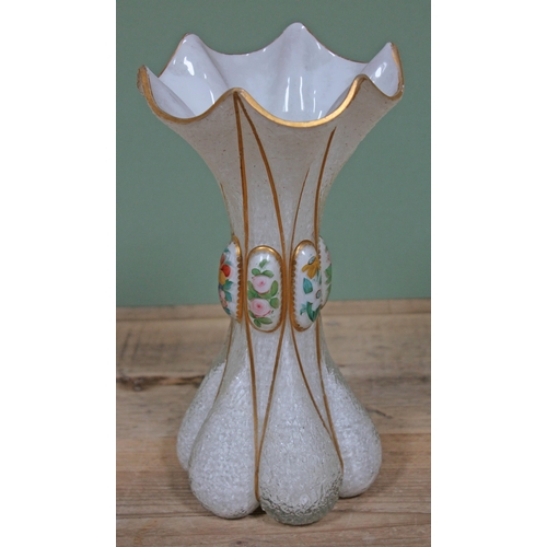 351 - A Bohemian white cased textured glass vase of waisted form with floral decorated cabochons and gilt ... 