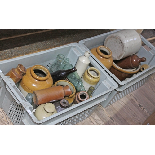 360 - Two boxes of stoneware and glass comprising proving bowls, bottles, flagons etc.