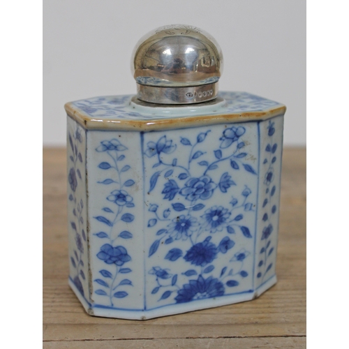 366 - A Chinese 18th Century porcelain tea caddy with later hallmarked silver top, height 12.5cm.