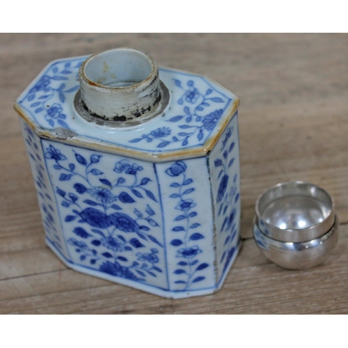 366 - A Chinese 18th Century porcelain tea caddy with later hallmarked silver top, height 12.5cm.