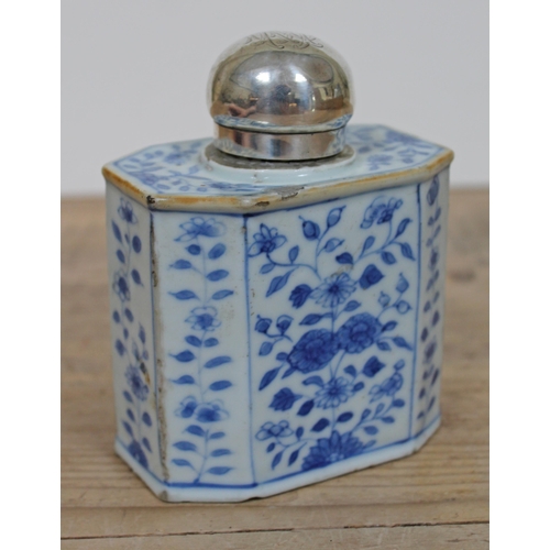 366 - A Chinese 18th Century porcelain tea caddy with later hallmarked silver top, height 12.5cm.