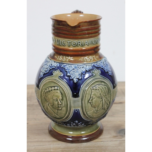 368 - A Royal Doulton Lambeth stoneware jug commemorating Queen Victoria 1897 jubilee, height 23cm.