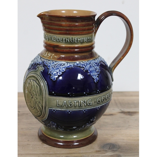 368 - A Royal Doulton Lambeth stoneware jug commemorating Queen Victoria 1897 jubilee, height 23cm.