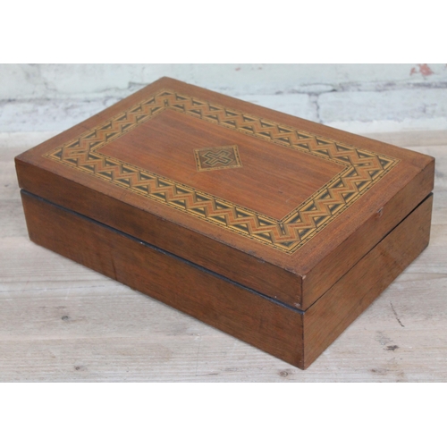 63 - A Victorian parquetry inlaid work box with interior tray, length 40cm, depth 26cm & height 12cm.