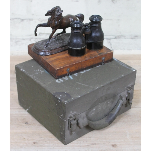 408 - A mixed lot comprising binoculars, military box, spelter figure and tap and die set.