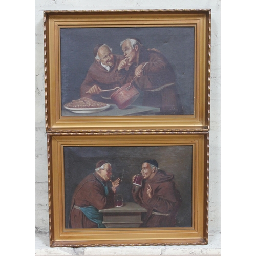 441 - Arturo Petrocelli, monks drinking and cooking, pair, oil on canvas, 39cm x 26cm, signed, framed 48cm... 