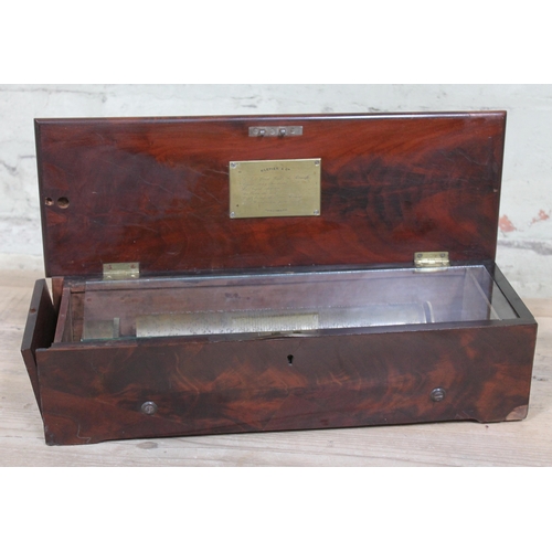 77 - A 19th Century mahogany cased cylinder music box by Kleyser & Co Southwark, length 43cm.