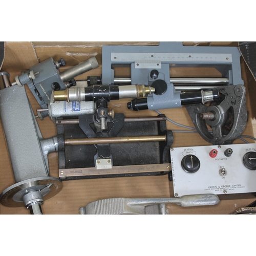 463 - A box of laboratory instruments including two Vernier microscopes etc.