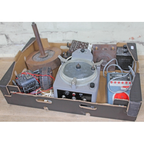 471 - A box containing various laboratory electrical instruments including a WBN separator, transformers e... 