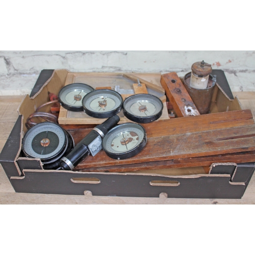 472 - A box of laboratory spares and instruments including five Griffin & George compasses.