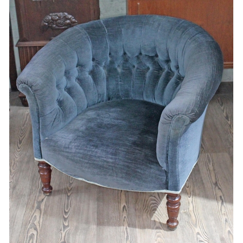 79 - A Victorian buttoned blue upholstered tub with scroll arms and back and turned legs, width 82cm, dep... 