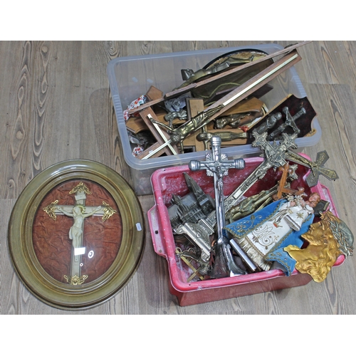 83 - Two boxes of various crucifixes and religious items.