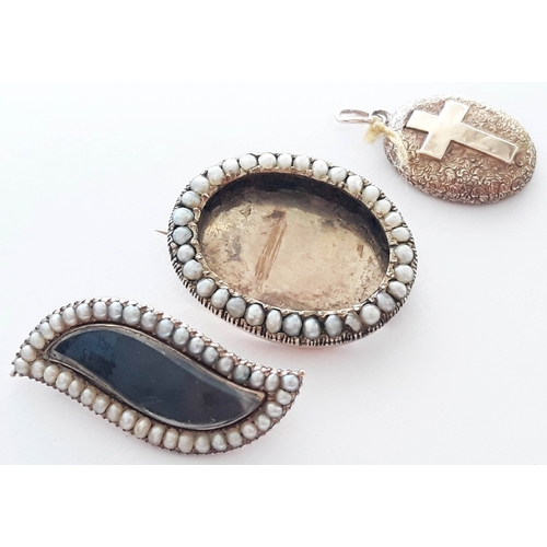 103 - Two 19th century yellow metal mourning brooches with half cut pearl borders and a 19th century yello... 