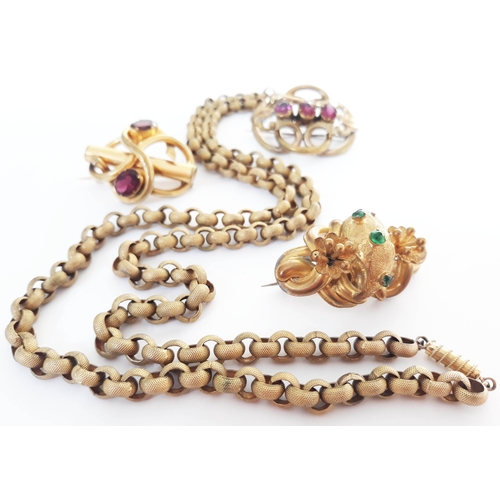 106 - A mixed lot of 19th century yellow metal jewellery consisting three brooches set with colour stones ... 