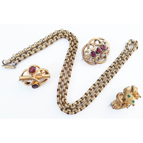 106 - A mixed lot of 19th century yellow metal jewellery consisting three brooches set with colour stones ... 