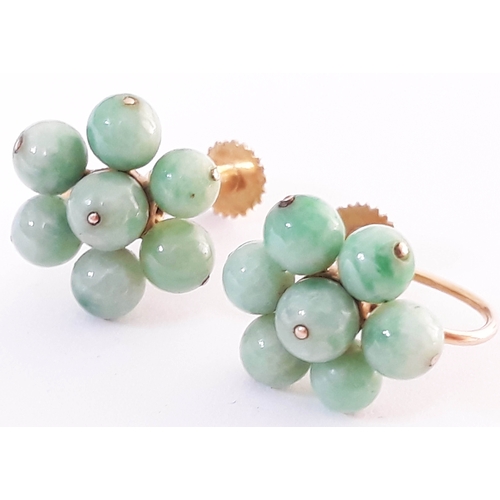 108 - A pair of gold and jade bead earrings, each with 7 small jade beads, diameter between 4-5 mm each, c... 