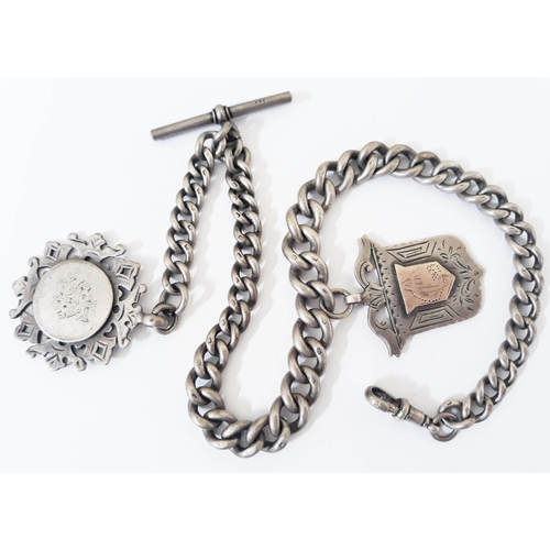 117 - A hallmarked silver Albert chain with two fobs, length 38cm, weight 83g.