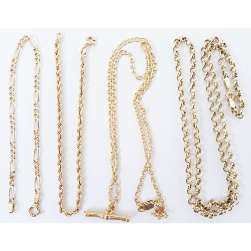 126 - Four 9ct gold chains, length 16cm, 18cm, 44cm & 50cm, gross weight9.5g.