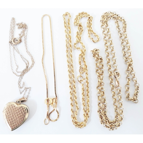 127 - A mixed lot of 9ct gold comprising three chains and a heart shaped locket on chain, gross weight 9.6... 