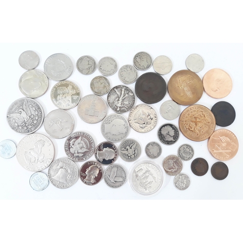 143 - A group of mainly silver coins including a 1902 silver dollar, another proof dollar, 10 half dollars... 