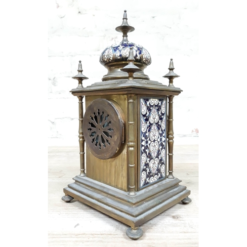 68 - A French late 19th Century champleve enamel and brass mantle clock, height 29cm.