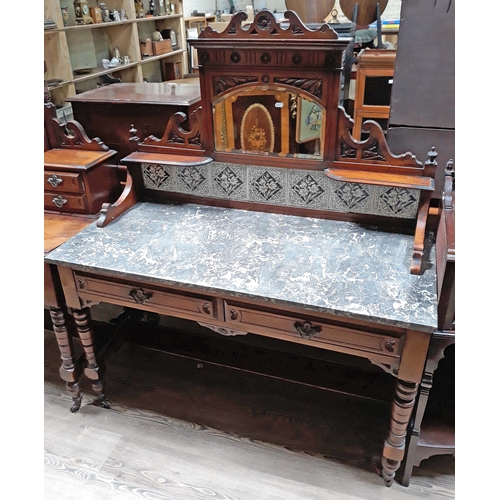 78 - A late Victorian marble top and tile back mahogany wash stand, width 122cm, depth 56cm, height 143cm... 