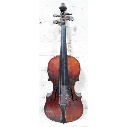 81 - A 19th Century German violin, length of back 37cm, cased with a single bow.