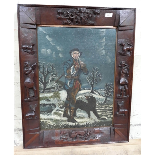 381 - 19th Century School, naive, oil on canvas depicting a continental man and dog winter scene in oak fr... 