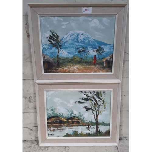 385 - A pair of African oil-on-board signed 'Bondo', 33 x 40cm framed.