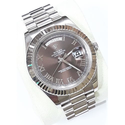 110 - A Rolex Day-Date 40mm 18ct white gold wristwatch having chocolate dial with Roman numerals, Presiden...