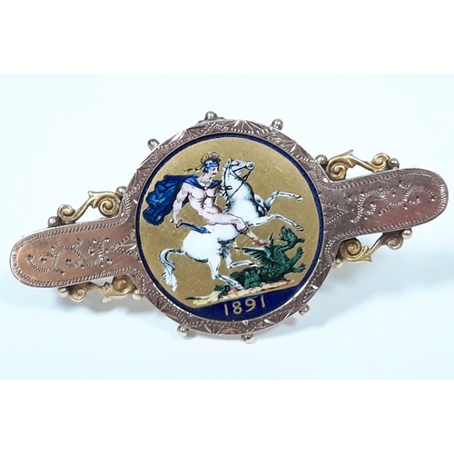 128 - A Victorian enamelled 1891 enamelled sovereign mounted in brooch marked '9c', length 49mm, gross wt.... 