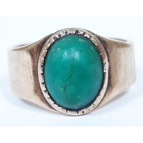 130 - A yellow metal ring set with a turquoise cabochon, gross wt. 5.2g, size L.