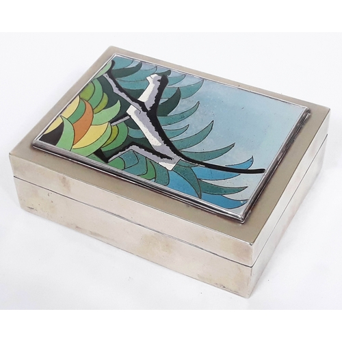 156 - An Art Deco style white metal box with cloisonne panel depicting a sloth, unmarked, length 10.5cm.