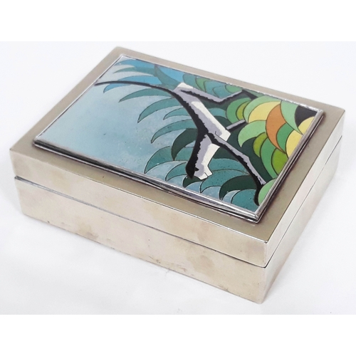 156 - An Art Deco style white metal box with cloisonne panel depicting a sloth, unmarked, length 10.5cm.