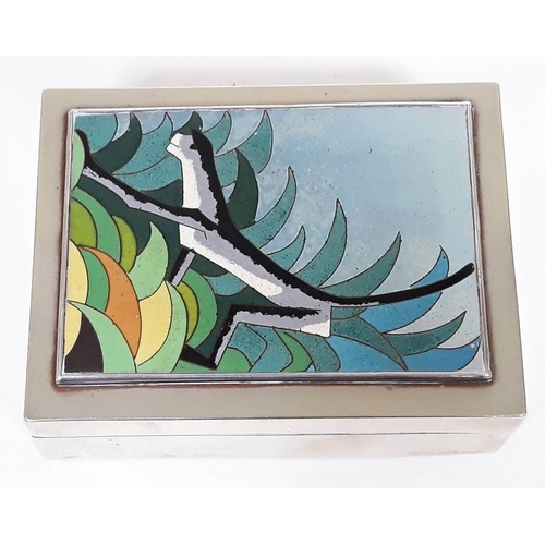 156 - An Art Deco style white metal box with cloisonne panel depicting a sloth, unmarked, length 10.5cm.