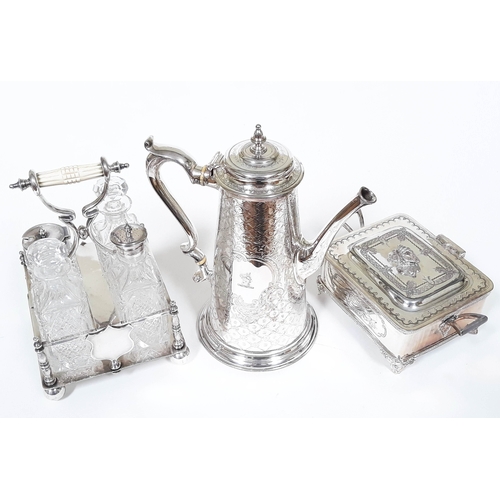 165 - Three items of electro plate comprising a coffee pot, a sardine dish and a cruet.