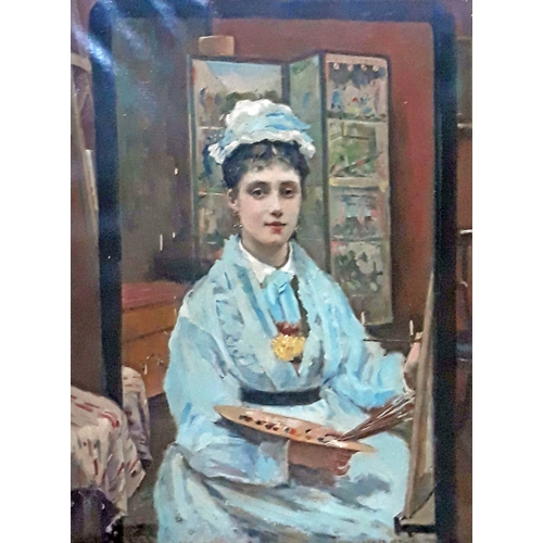 50 - Louise Jopling (1843-1933), self portrait, three quarter length depicting the artist painting hersel...