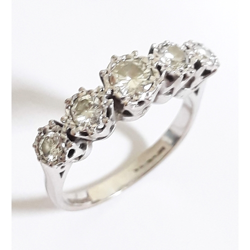 185 - A five stone diamond ring, total approx. diamond wt. 0.65 carats, hallmarked 18ct white gold band, g... 