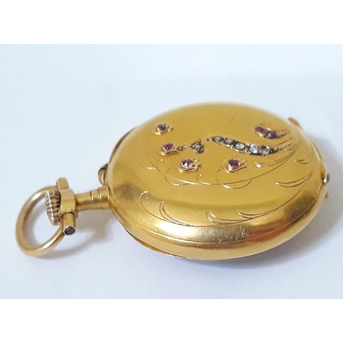 95 - A Continental high carat gold ladies lapel or pocket watch, the reverse set with diamonds and rubies... 