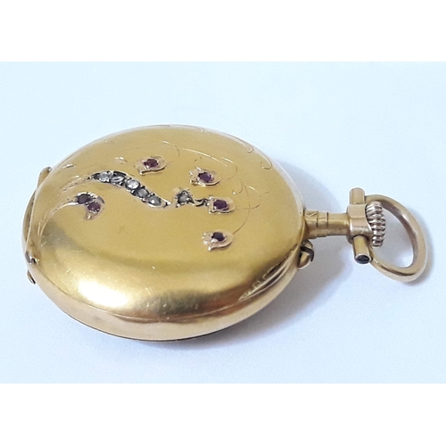 95 - A Continental high carat gold ladies lapel or pocket watch, the reverse set with diamonds and rubies... 