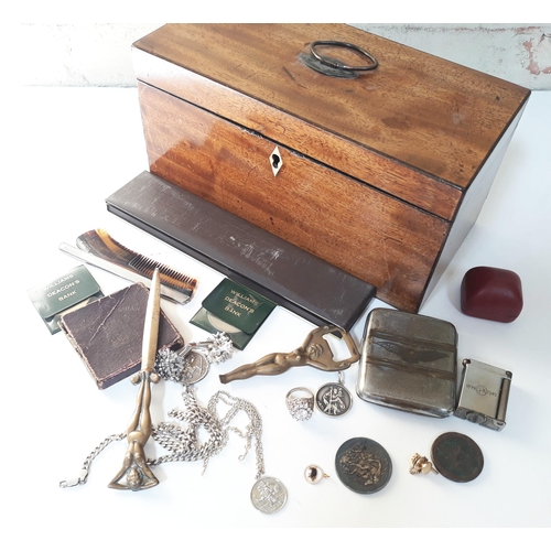 394 - A 19th Century box and contents including a cigarette case with RAF insignia, an 1890 crown, various... 