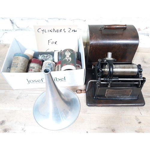 414 - An Edison Gem phonograph with horn and cylinders.