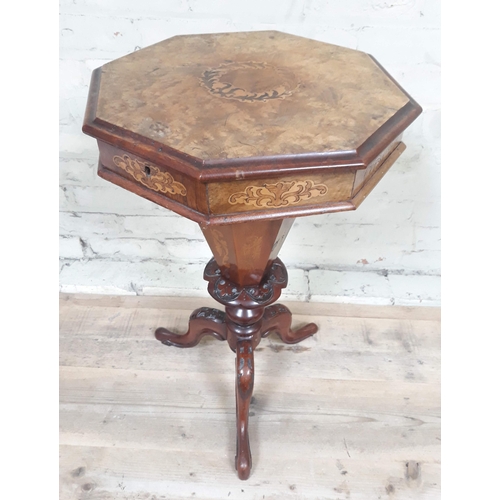 85 - A Victorian burr walnut sewing or work table with photograph illustrating the same table with three ... 