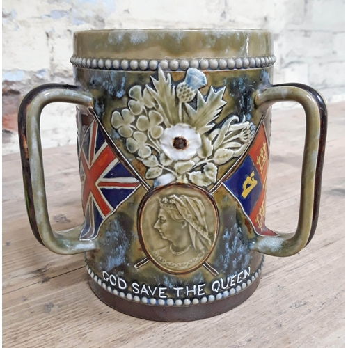 313 - A Doulton Lambeth three handled Boer War commemorative tyg, inscribed 'God Save the Queen in Commemo... 