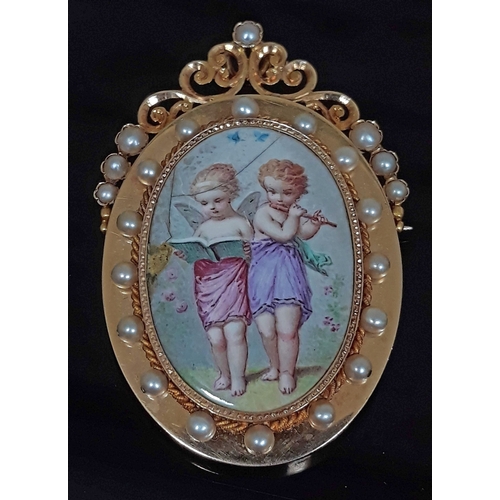 104 - A Continental yellow metal pendant brooch with central porcelain panel depicting cherubs surrounded ... 