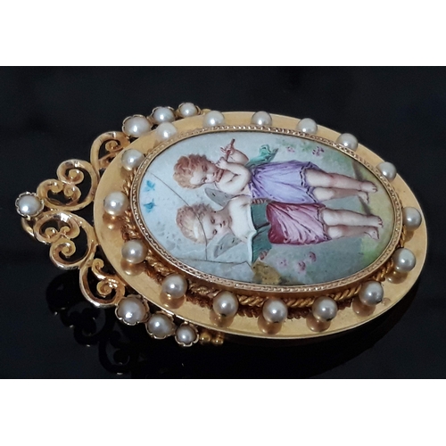 104 - A Continental yellow metal pendant brooch with central porcelain panel depicting cherubs surrounded ... 