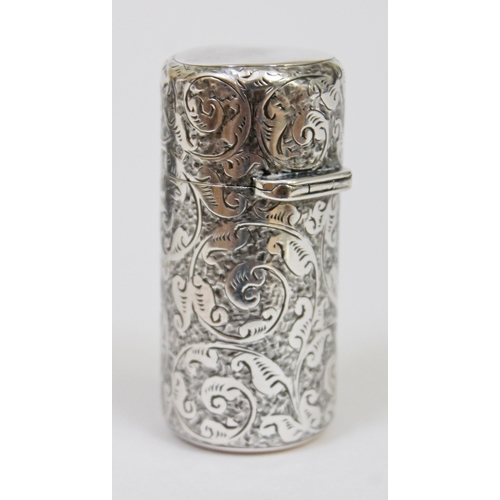 105 - A Victorian chased silver scent bottle, hinged lid with gilt interior and glass stopper, with origin... 