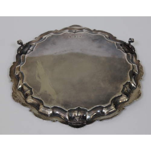 108 - A three footed hallmarked silver salver, diam. 26.5cm, wt. 17 1/2oz.