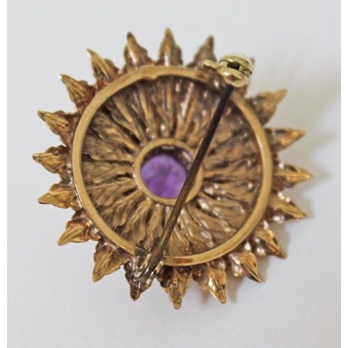 115 - A hallmarked 9ct gold brooch set with an amethyst coloured stone and pearls, diam. 3.5cm, gross wt. ... 